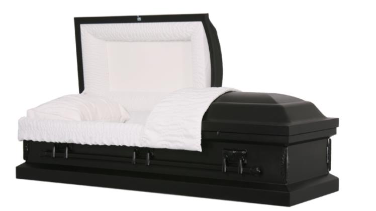 black coffin with black casket corners and white lining